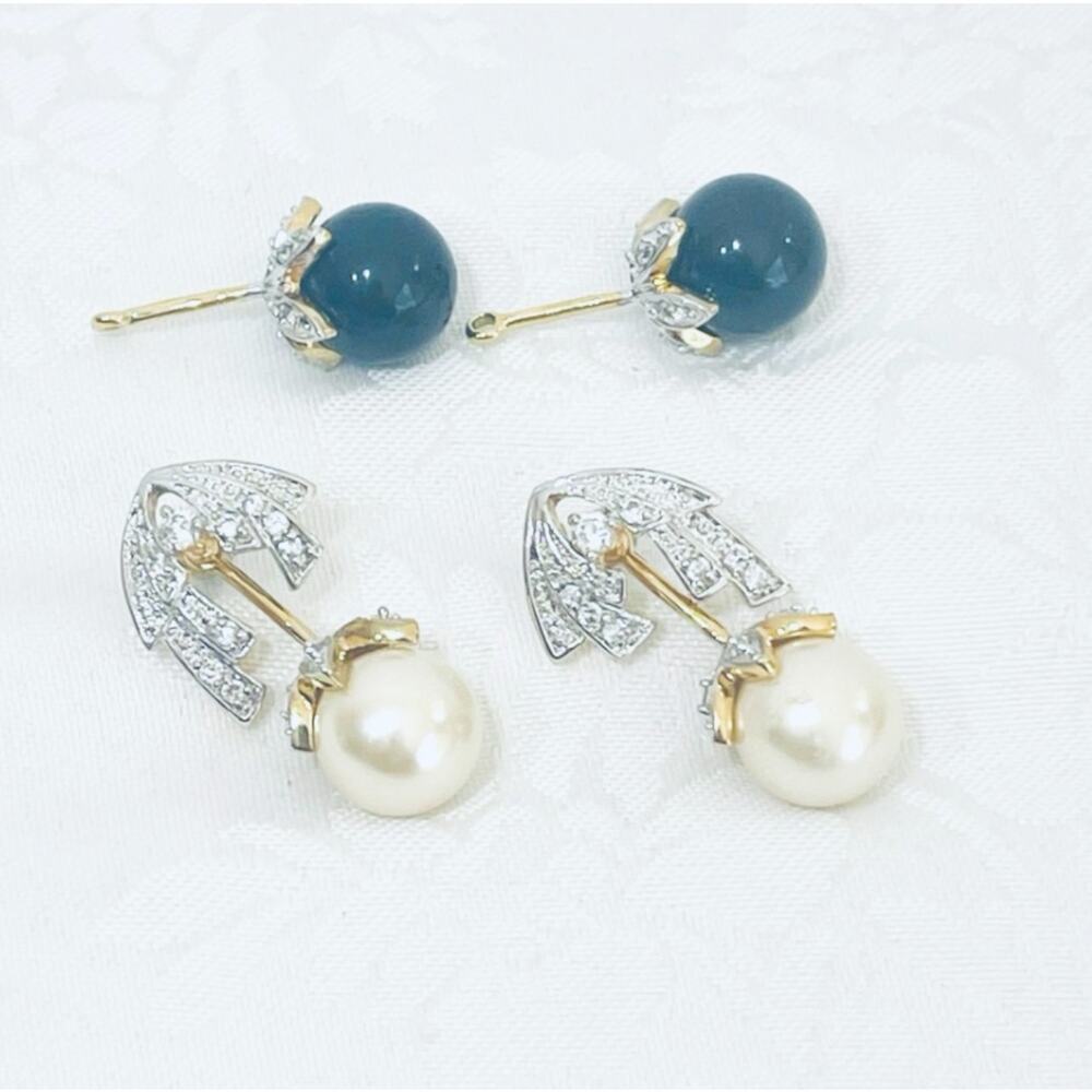 Vtg Camrose Kross Jacqueline Kennedy Faux Pearl Onyx Earrings Rhinestone